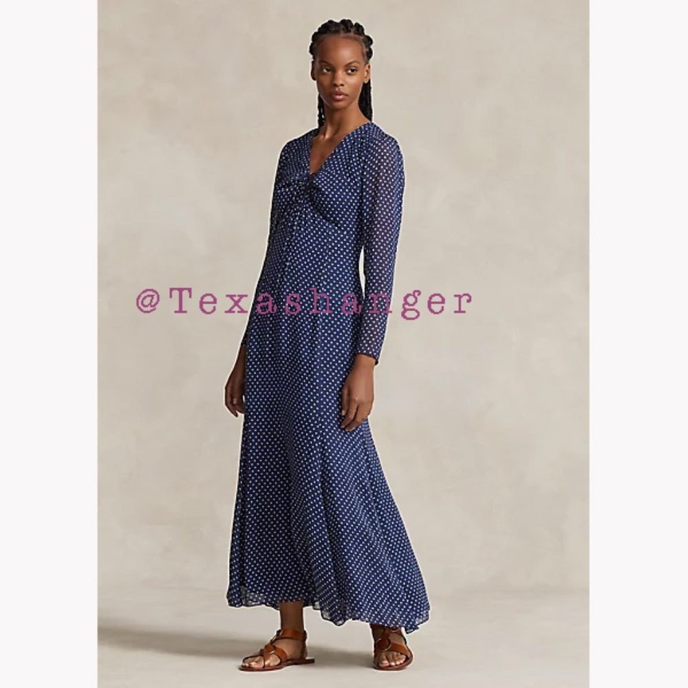 NWT Polo Ralph Lauren Polka-Dot Crinkle Georgette Dress Size 2 Navy